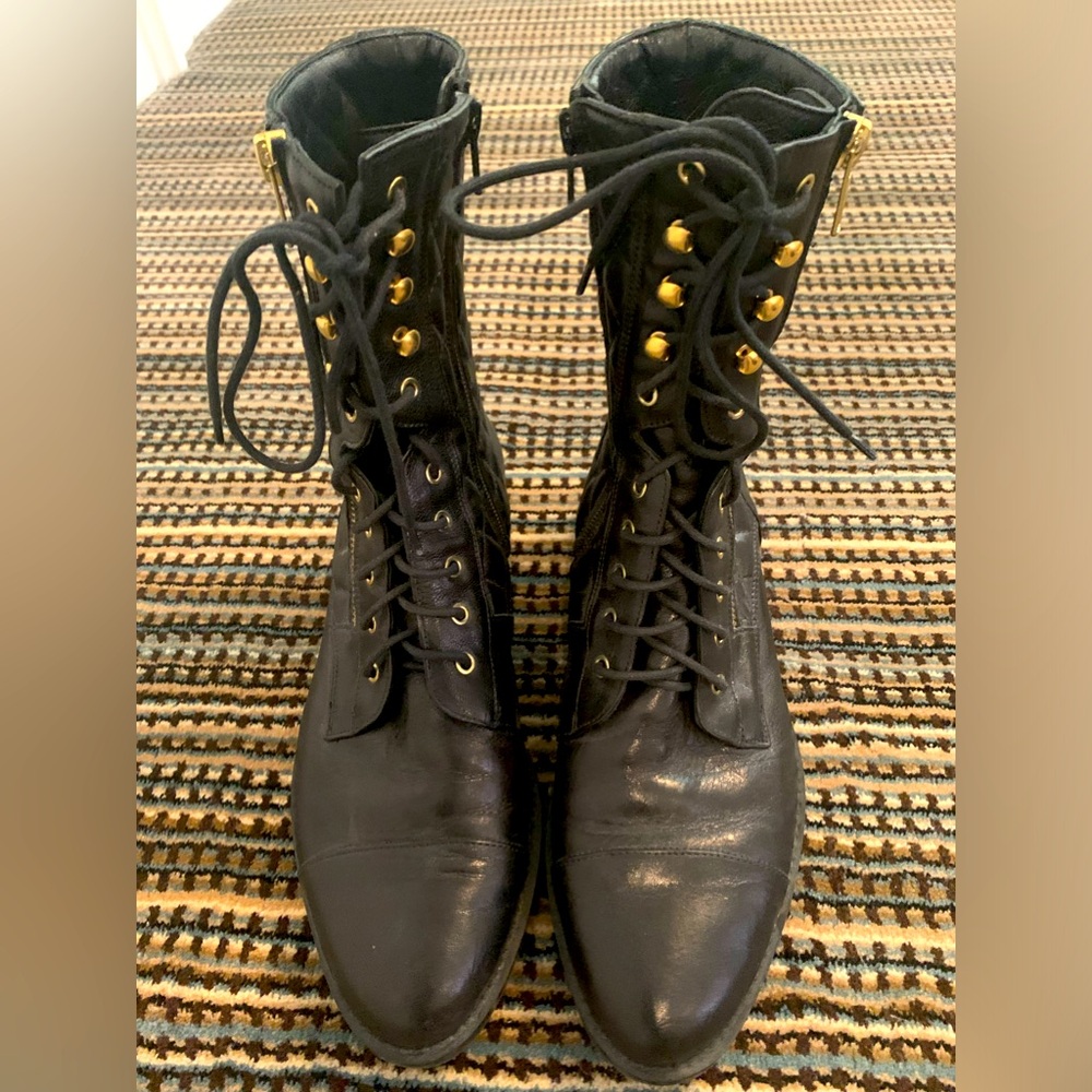Black leather Italian women’s lace up booties size 8